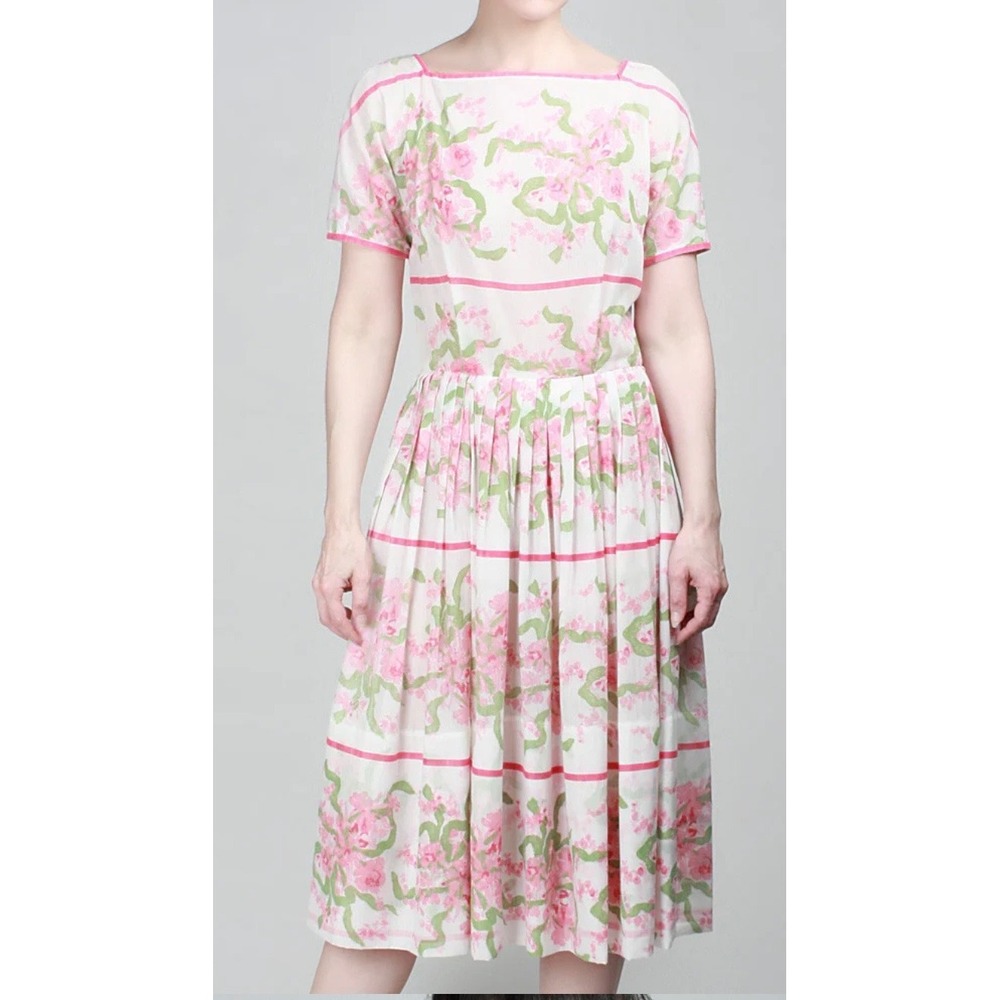 Vintage L'aiglon Honeysuckle Rose Floral Short Sleeve‎ Semi Sheer Dress READ